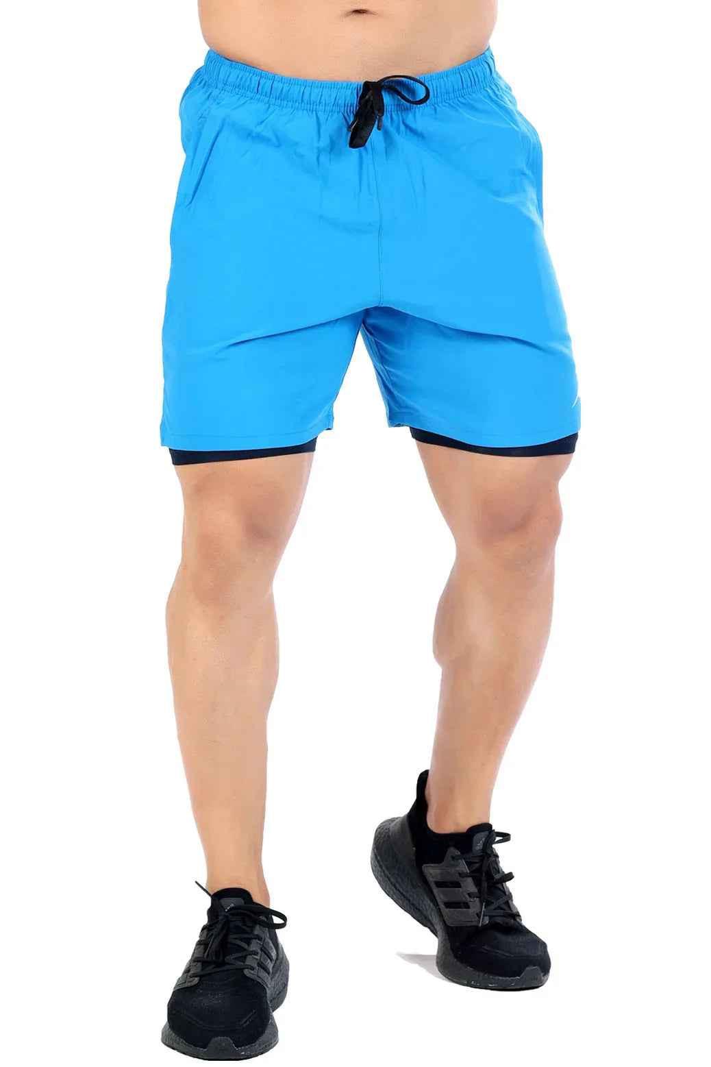 Blue 2-in-1 compression shorts by Fuaark Nz, featuring stretchy fabric and athletic fit for active performance.