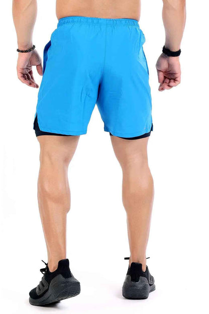 Blue 2 in 1 compression shorts by Fuaark Nz featuring breathable fabric and athletic fit for active wear.