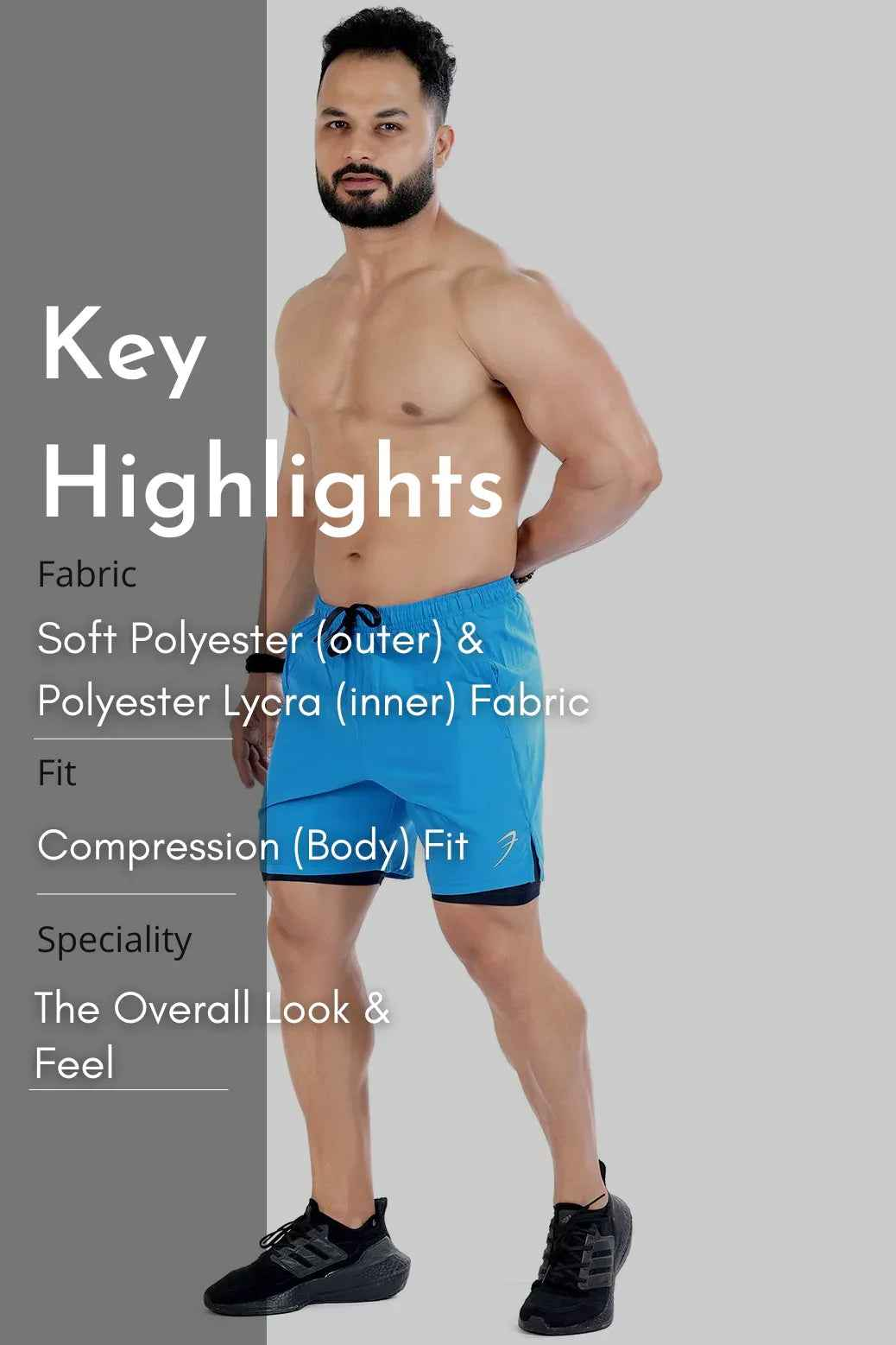 Blue 2-in-1 compression shorts by Fuaark Nz, athletic shorts with a fitted design for active wear.