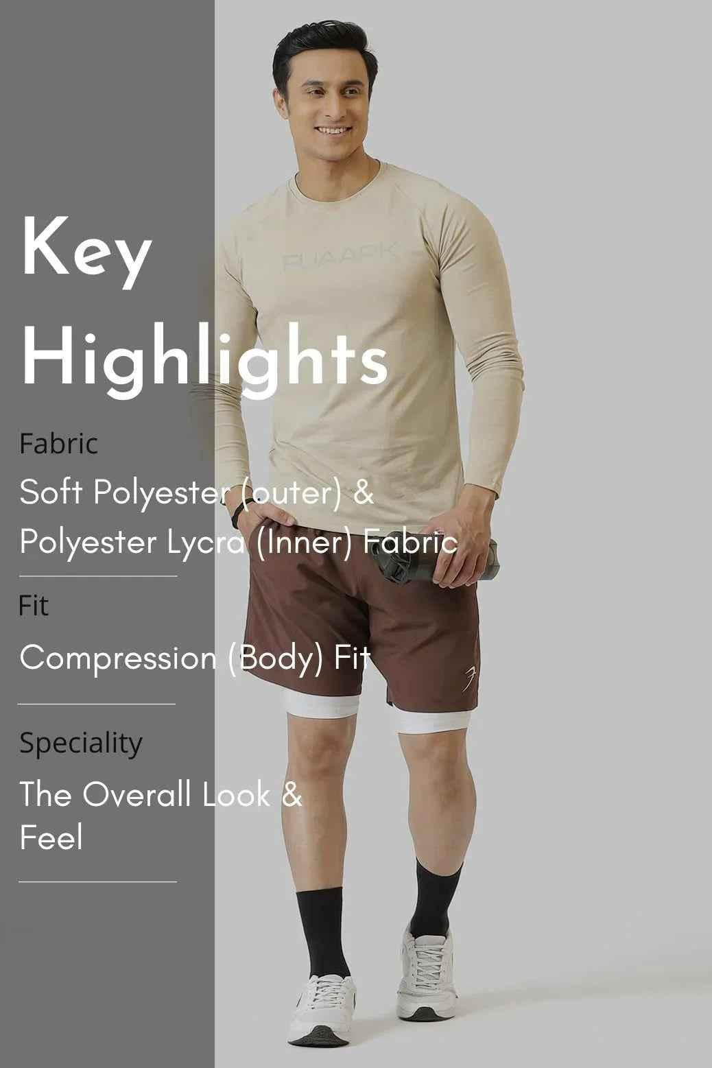 Brown 2-in-1 compression shorts by Fuaark NZ featuring stretchy fabric and a comfortable fit for active wear.