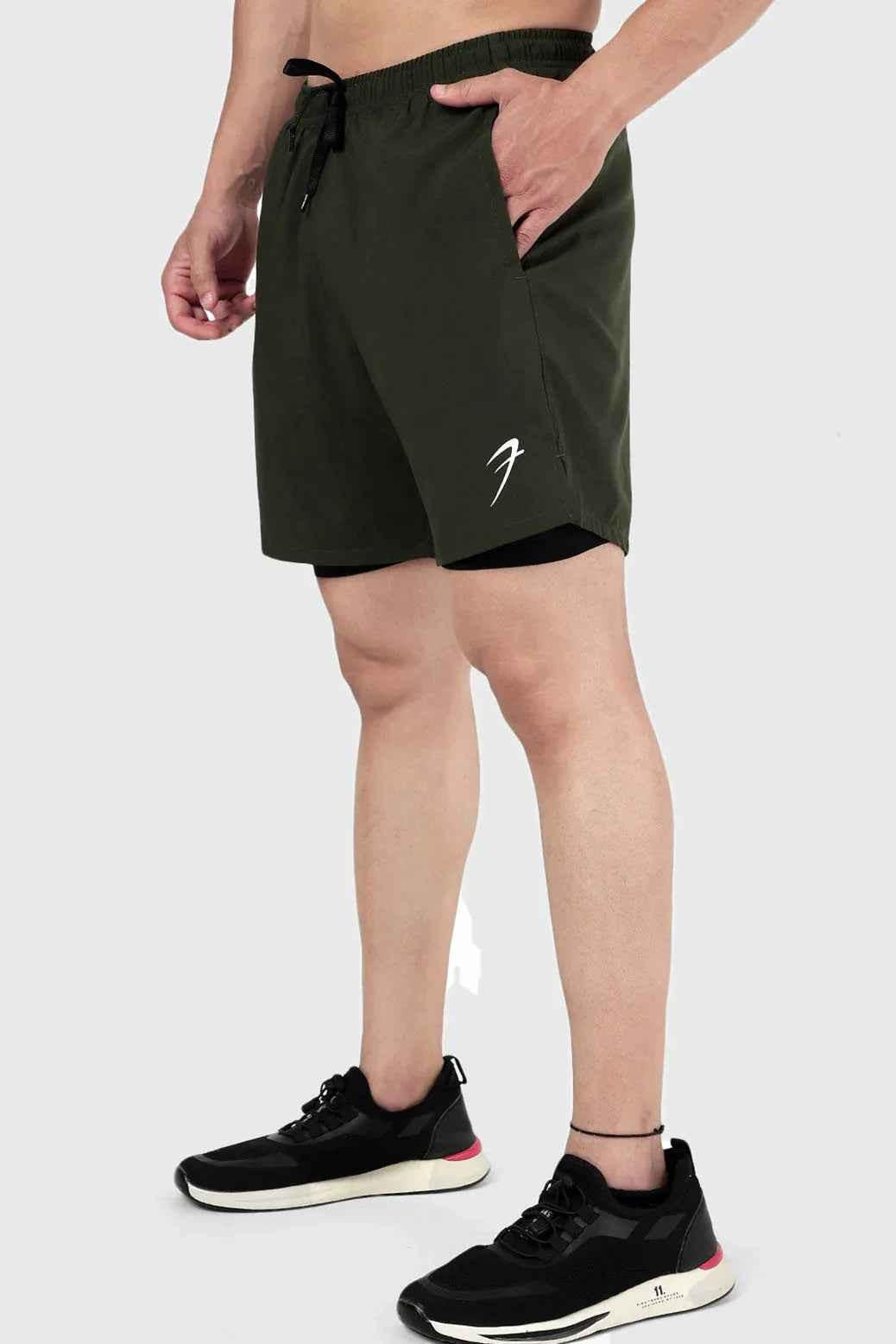 Fuaark Nz 2-in-1 compression shorts in olive color, designed for comfort and performance, shown with elastic waistband and sleek fabric