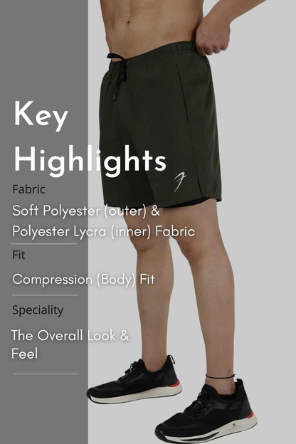Fuaark Nz 2-in-1 compression shorts in olive color, designed for comfort and performance, shown on a model.