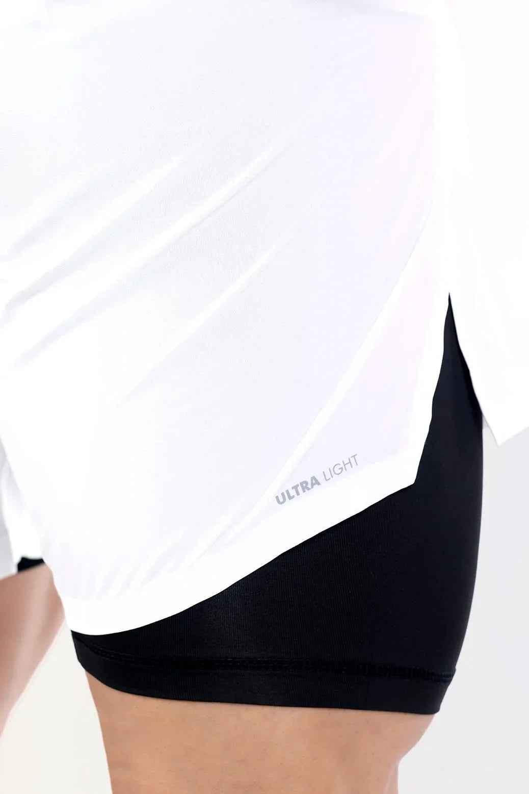 White 2-in-1 compression shorts by Fuaark Nz, designed for athletic performance and comfort.