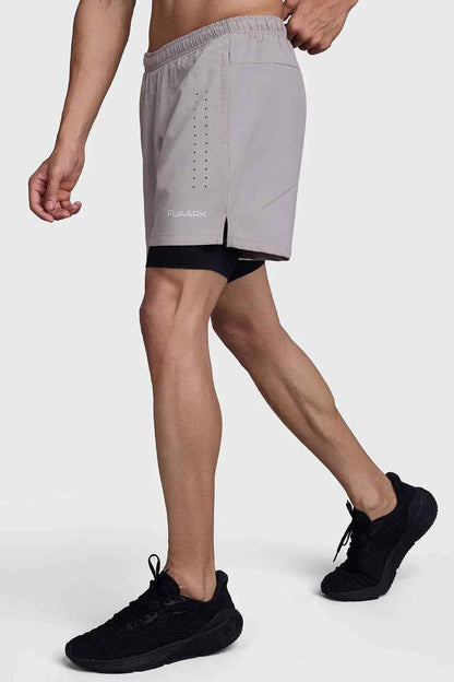 Fuaark Nz 2-in-1 laser shorts in beige with black accents, casual men's shorts with stylish layered design.