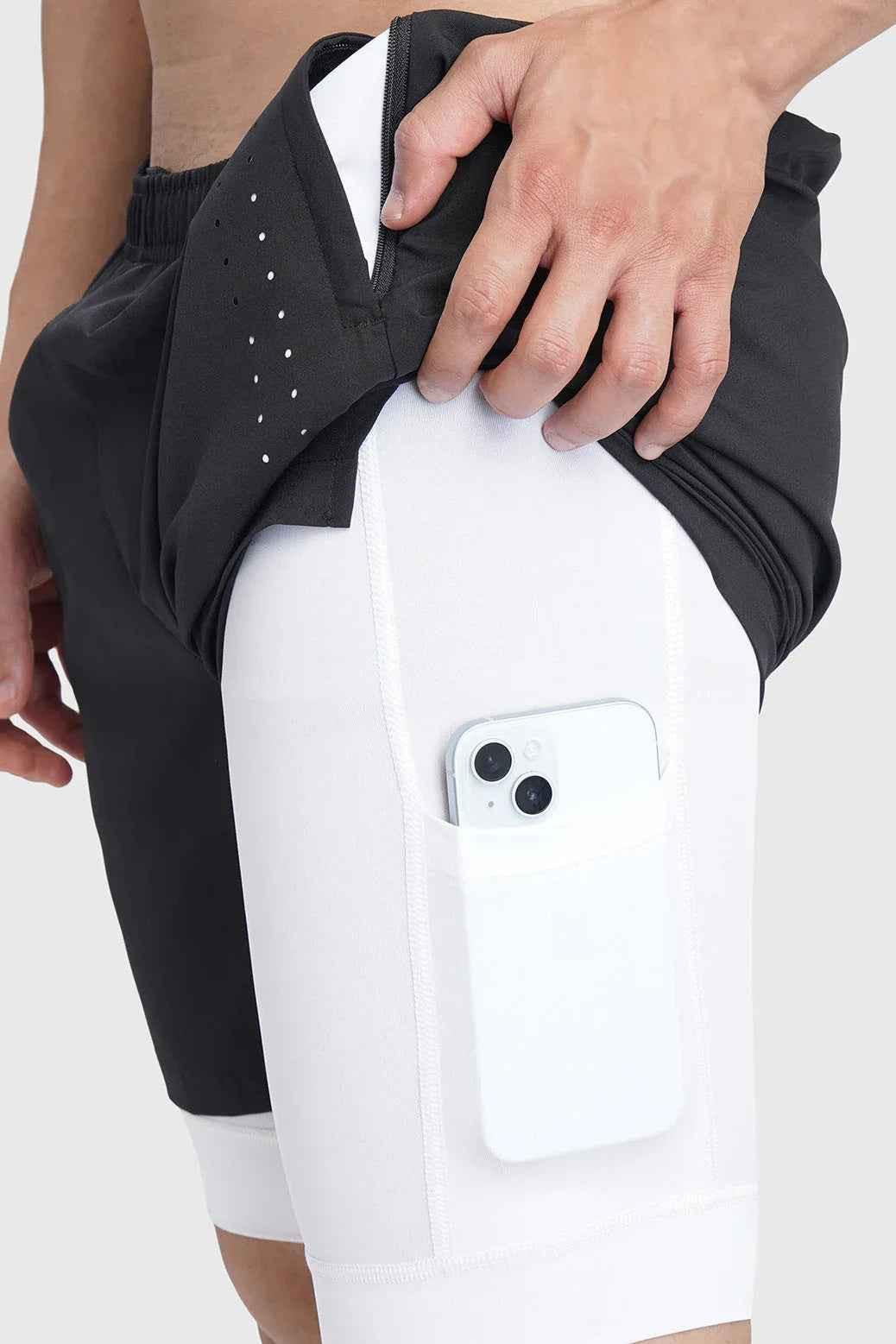 Black 2-in-1 laser shorts by Fuaark Nz, versatile activewear shorts with stylish design for workout and casual wear.