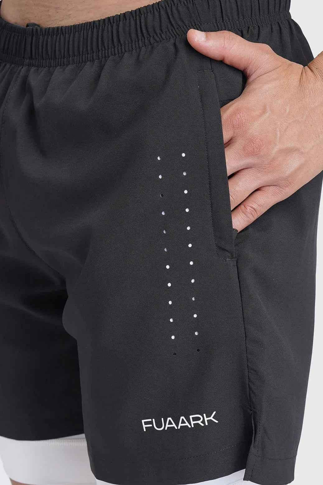 Black 2-in-1 Laser Shorts from Fuaark Nz, stylish and versatile activewear shorts with a modern design.