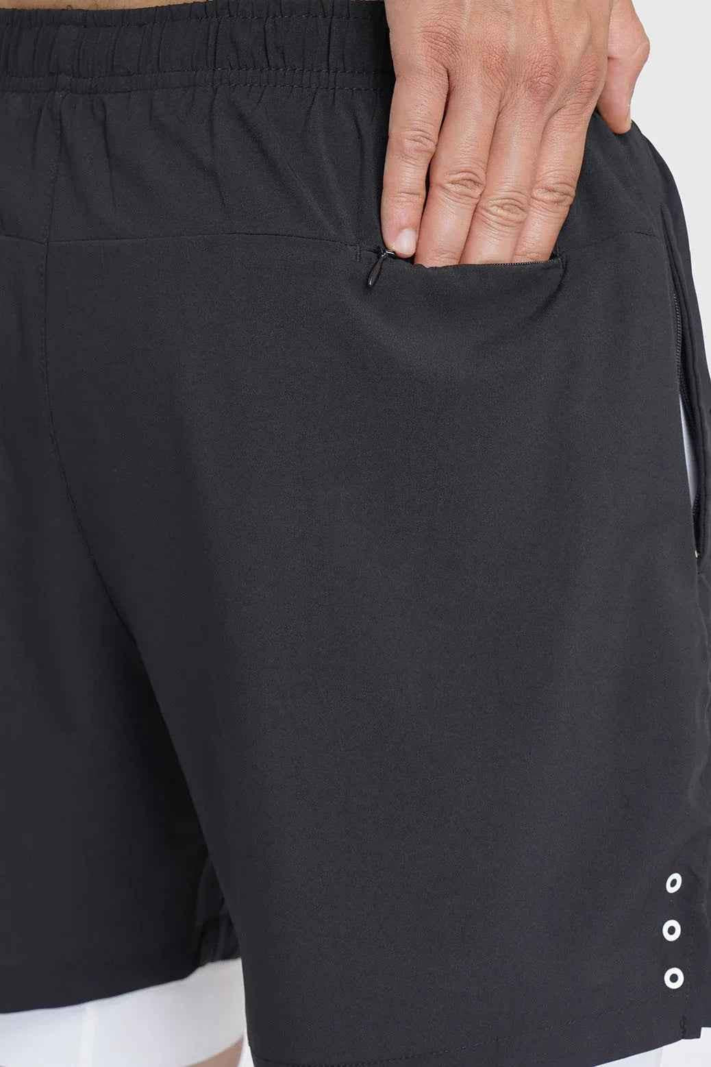 Black 2-in-1 Laser Shorts by Fuaark Nz, versatile activewear shorts with stylish design and comfortable fit.