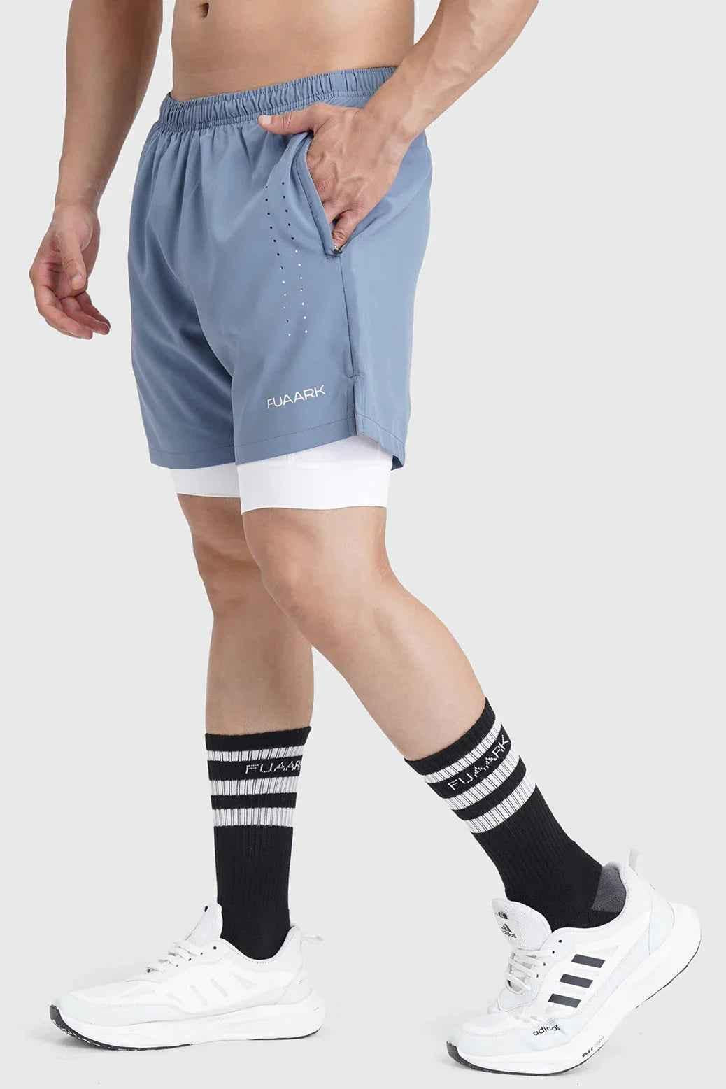 Fuaark Nz 2-in-1 Laser Shorts in raw steel, stylish athletic shorts with laser detailing and versatile design for active wear.