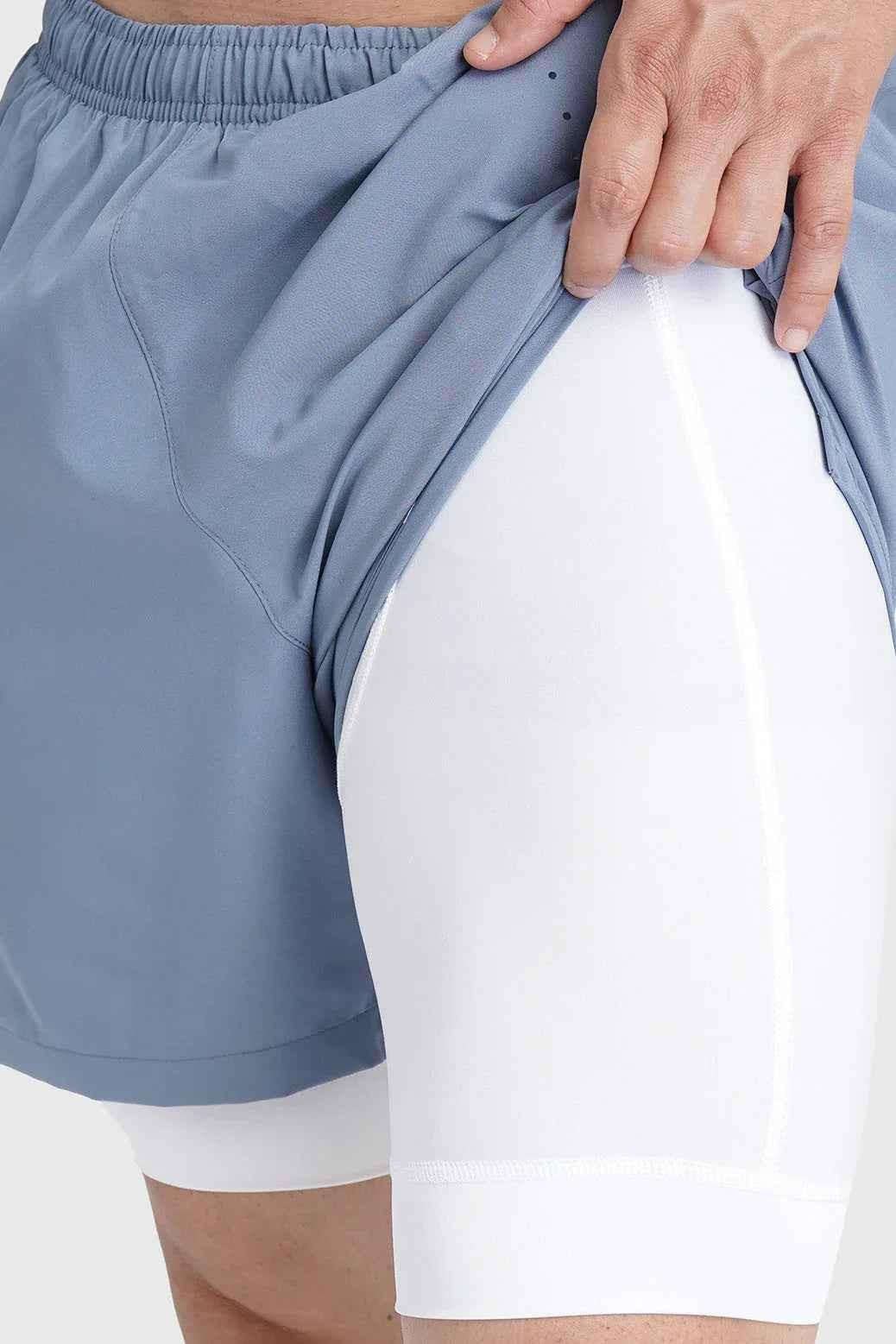 Fuaark Nz 2-in-1 Laser Shorts in raw steel fabric, showcasing stylish, versatile men's shorts with laser detailing.