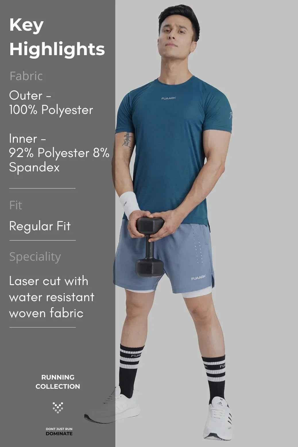 Fuaark Nz 2-in-1 Laser Shorts in raw steel color, casual men's shorts with a modern design and adjustable fit.