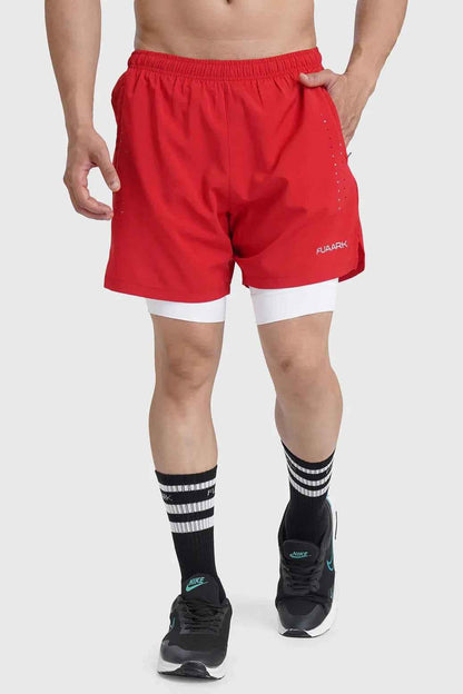 Red 2-in-1 Laser Shorts by Fuaark Nz, featuring sporty design and adjustable fit, shown on a model.