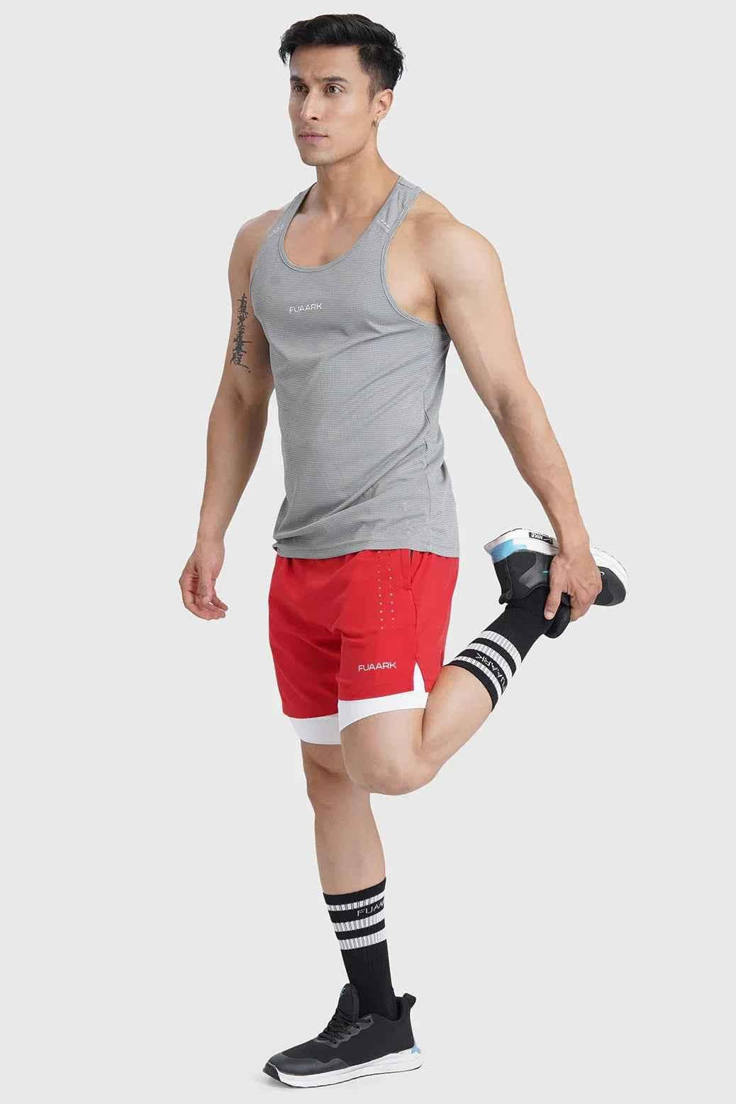 Red 2-in-1 laser shorts by Fuaark Nz featuring sporty design and comfortable fit, suitable for active wear.