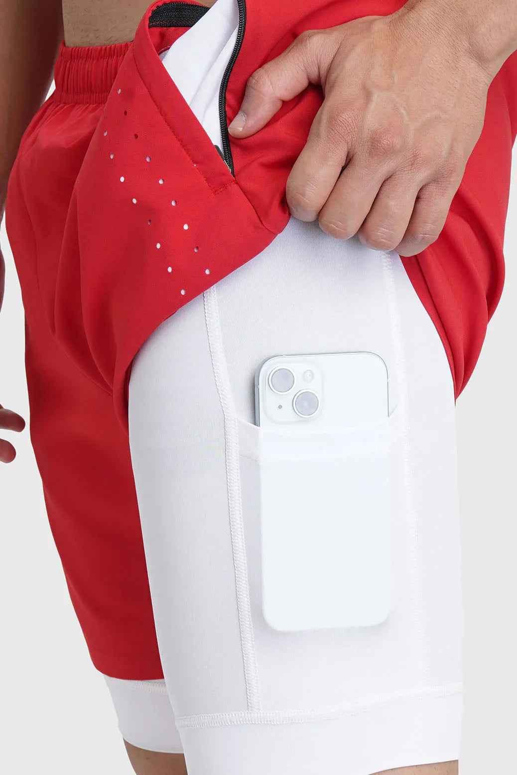 Red 2-in-1 laser shorts by Fuaark Nz featuring sleek design and comfortable fit, ideal for active wear.
