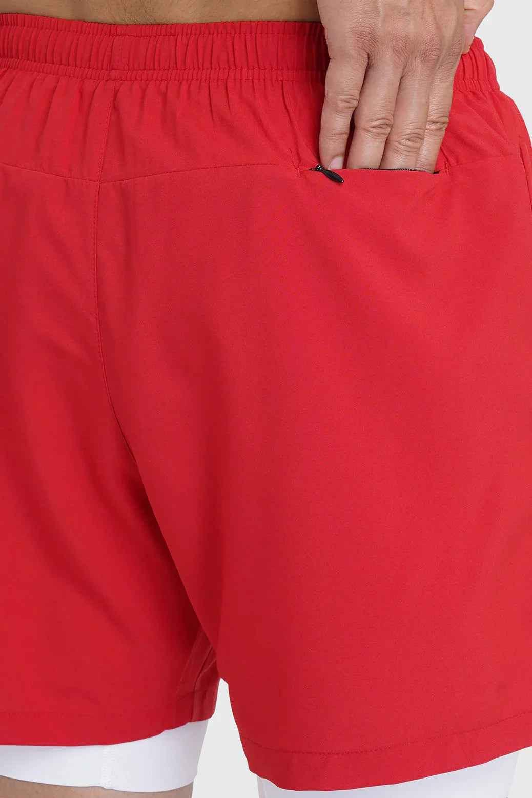 Red 2-in-1 Laser Shorts by Fuaark Nz, casual athletic shorts with laser detailing and comfortable fit.