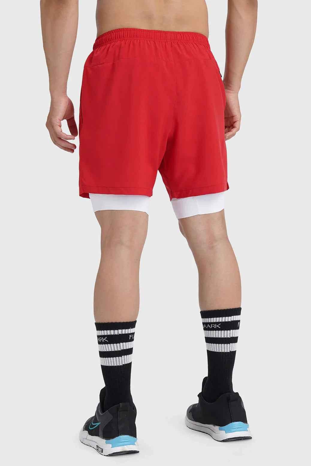Red 2-in-1 Laser Shorts from Fuaark Nz featuring a stylish, sporty design with laser detailing and comfortable fit.