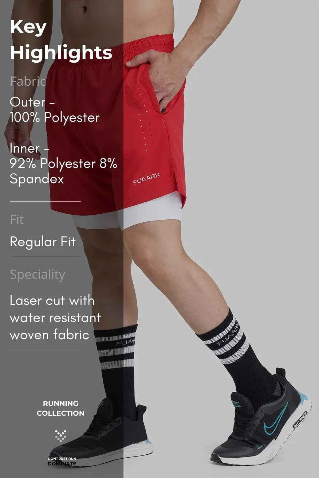 Red 2-in-1 laser shorts by Fuaark Nz featuring a stylish and sporty design, perfect for active wear.