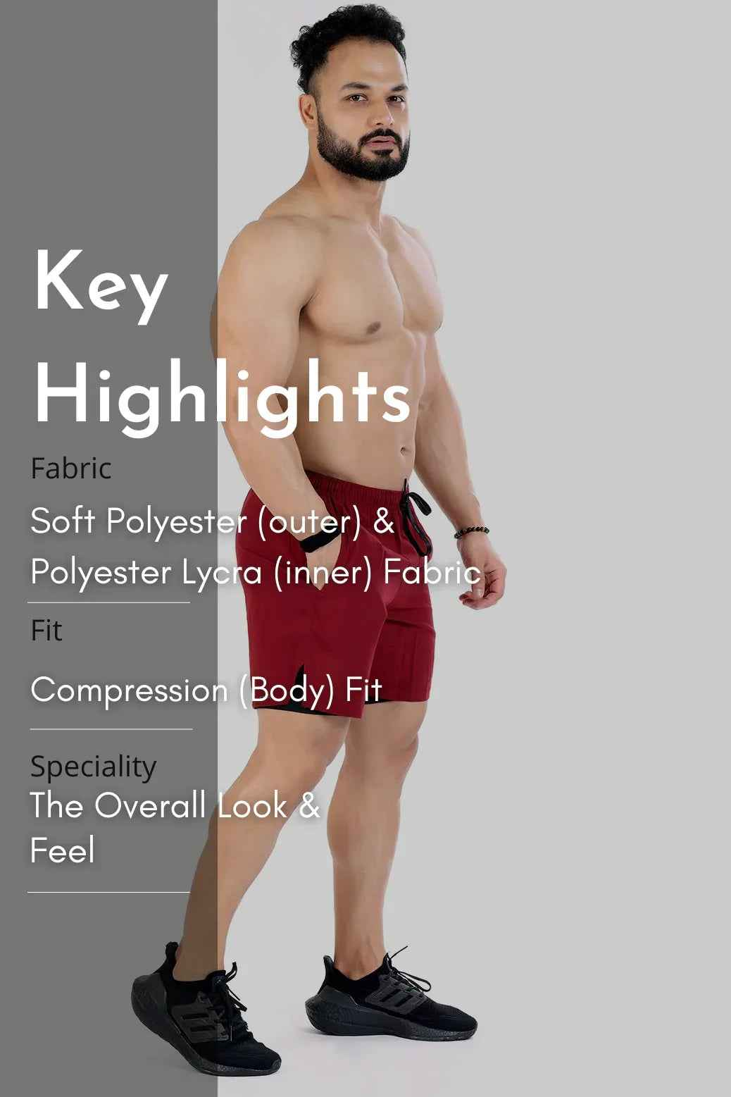 Fuaark Nz 2-in-1 maroon compression shorts for men, designed for comfort and athletic performance, with a stretchy fabric fit.