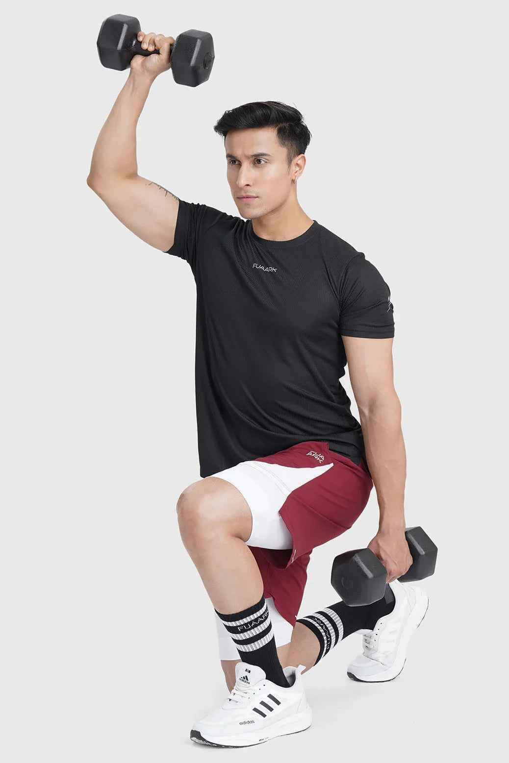 Fuaark Nz 2-in-1 maroon mesh shorts showing lightweight, breathable fabric with a stylish design for comfort and casual wear.