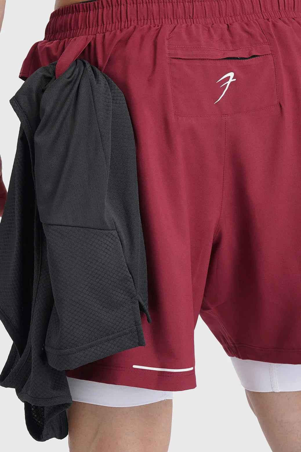 Fuaark Nz 2-in-1 maroon mesh shorts for men, featuring breathable fabric and comfortable fit for casual wear.