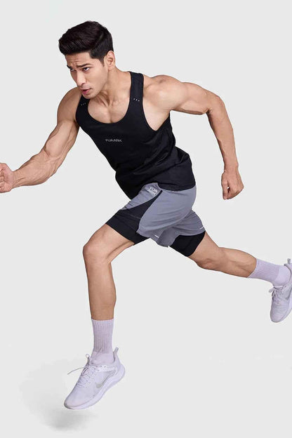 Fuaark Nz 2-in-1 mesh shorts in foggy grey with black accents, featuring breathable fabric and sporty design.