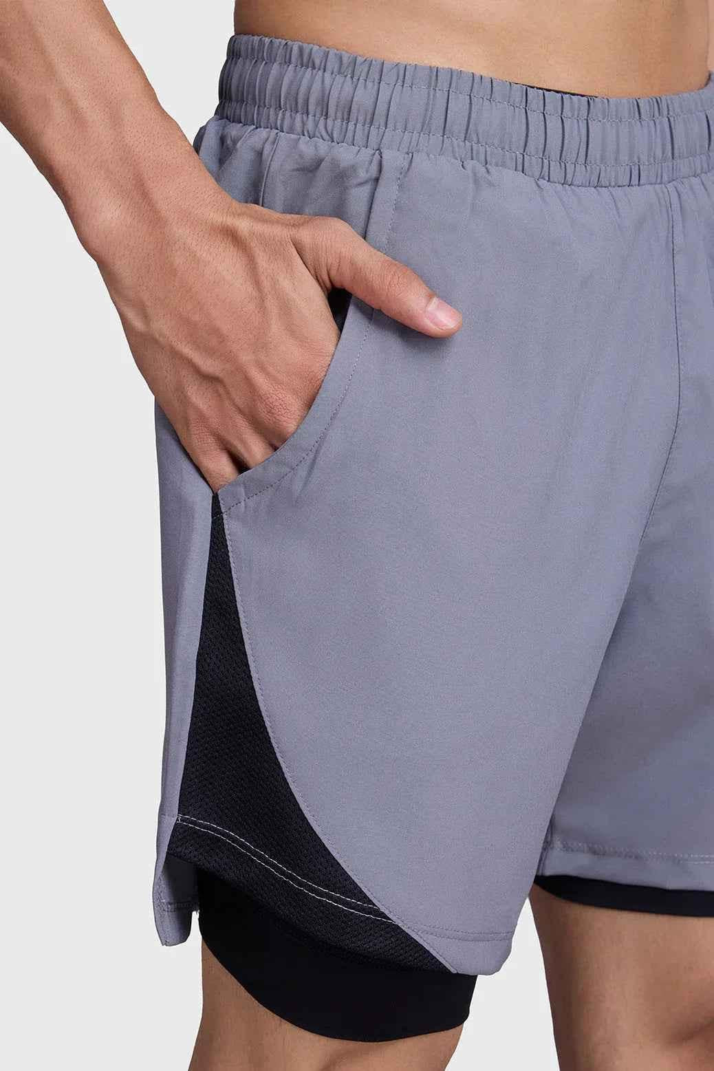 Fuaark NZ 2-in-1 mesh shorts in foggy grey with black accents, featuring a comfortable athletic design and breathable fabric.