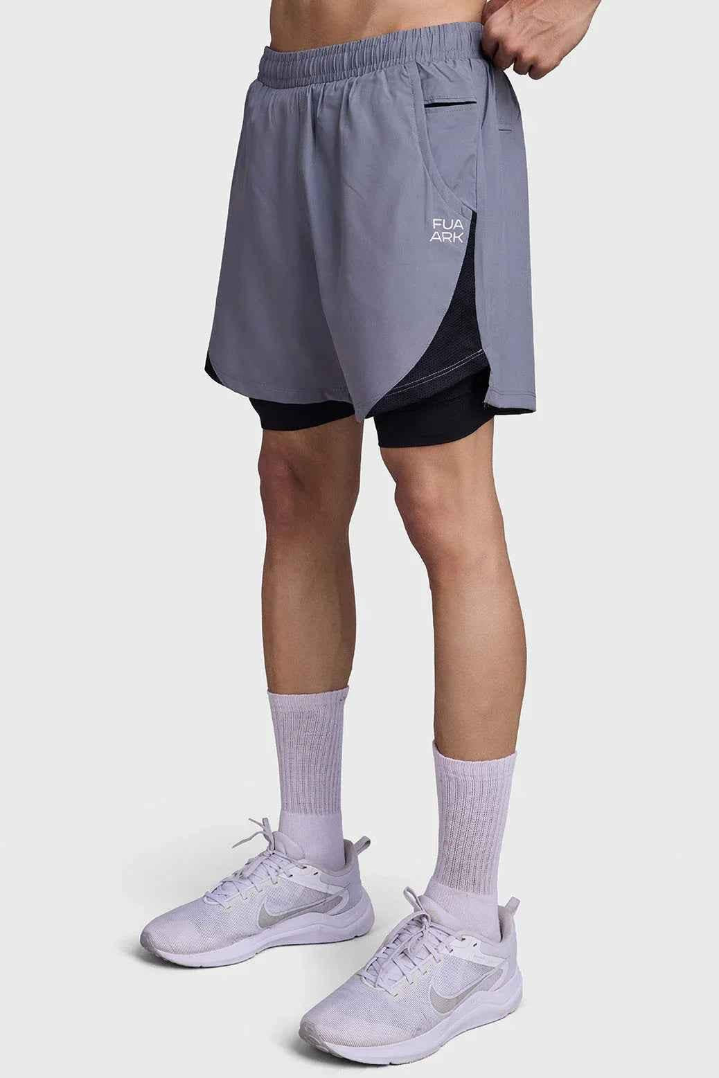 Fuaark NZ 2-in-1 mesh shorts in foggy grey with black accents, showcasing lightweight fabric and sporty design.