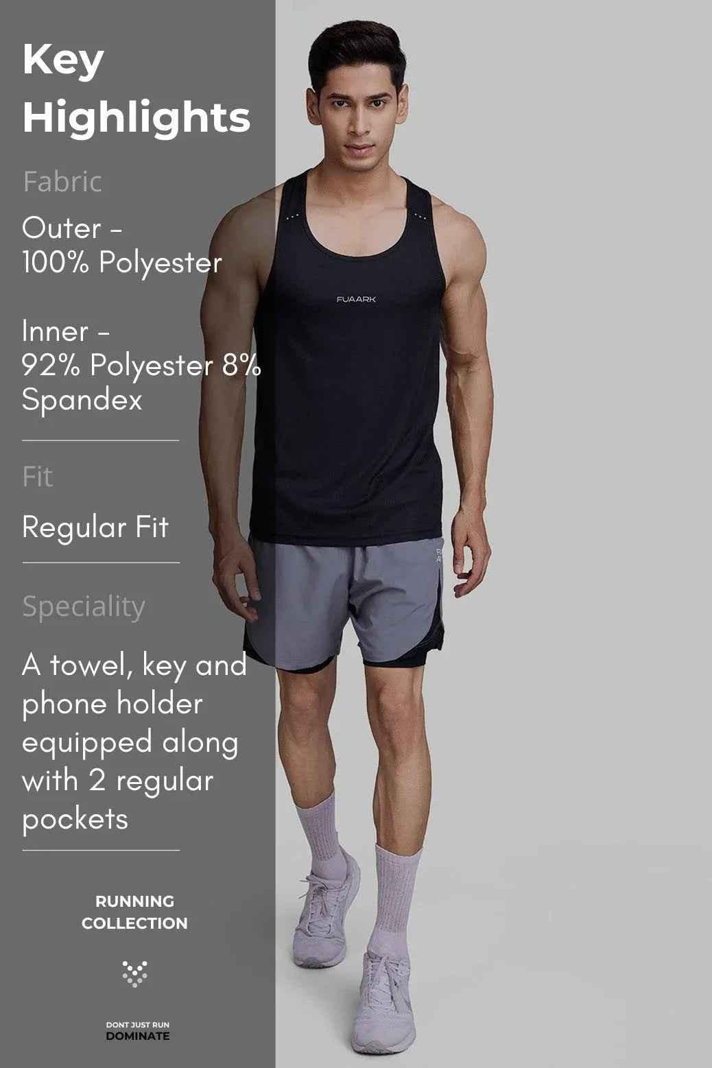 Fuaark NZ 2-in-1 mesh shorts in foggy grey with black accents, featuring lightweight breathable fabric and athletic fit.