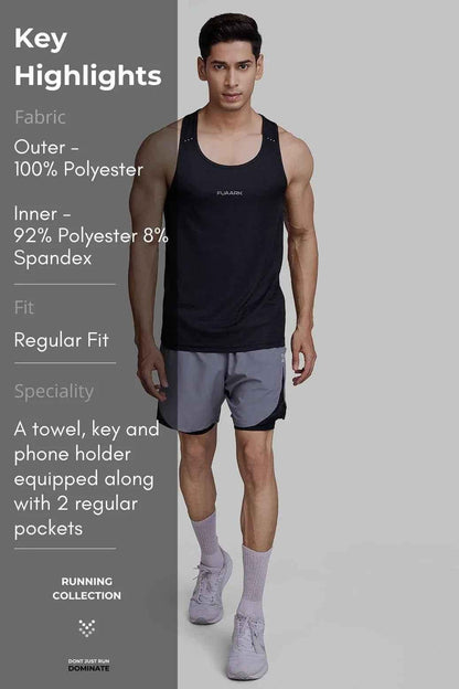 Fuaark NZ 2-in-1 mesh shorts in foggy grey with black accents, featuring lightweight breathable fabric and athletic fit.