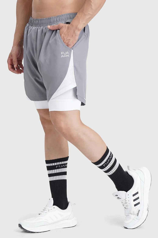 Fuaark Nz 2-in-1 mesh shorts in foggy grey with white accents, featuring lightweight breathable fabric and sporty design.