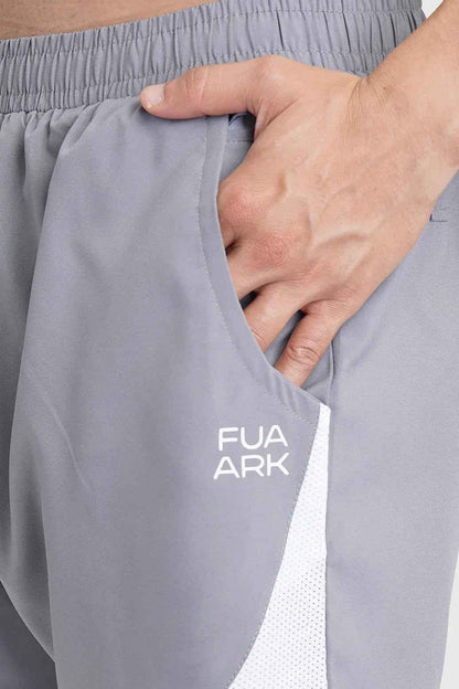Fuaark NZ 2-in-1 mesh shorts in foggy grey with white accents, featuring lightweight breathable fabric and sporty design.