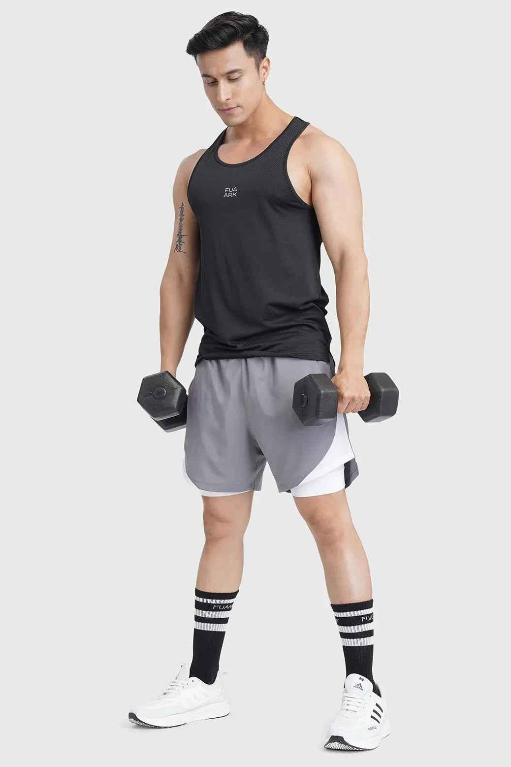 Fuaark Nz 2-in-1 mesh shorts in foggy grey with white accents, featuring breathable fabric and sporty design.