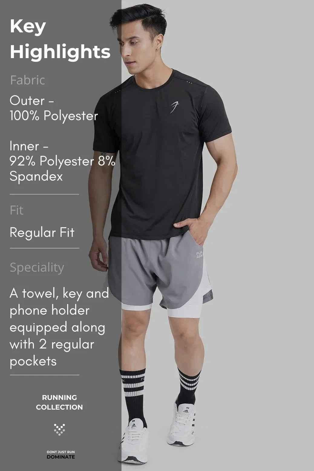 Fuaark NZ 2-in-1 mesh shorts in foggy grey with white accents, featuring breathable fabric and a comfortable fit.