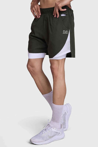 Olive green 2-in-1 mesh shorts by Fuaark Nz, featuring lightweight fabric and a comfortable fit for active wear.