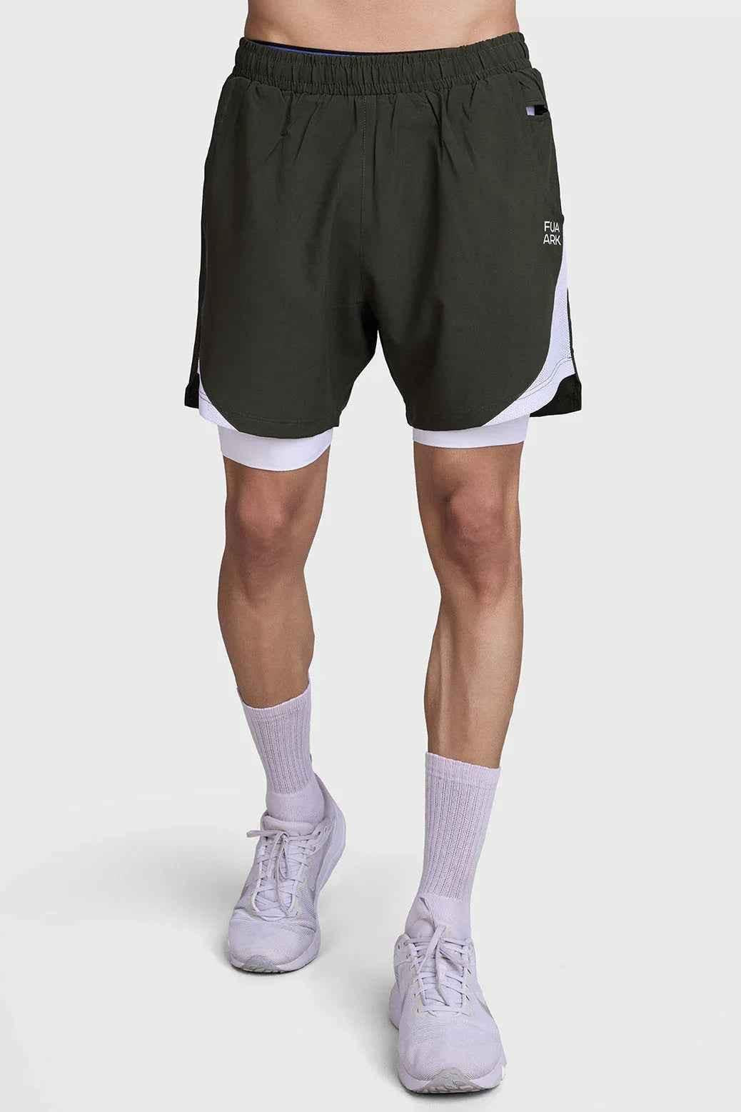 Olive green 2-in-1 mesh shorts by Fuaark Nz, featuring breathable fabric and adjustable waistband for comfortable wear.