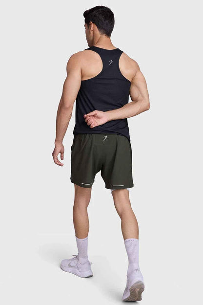 Olive green 2-in-1 mesh shorts by Fuaark Nz, featuring a lightweight design and adjustable waistband for active wear.