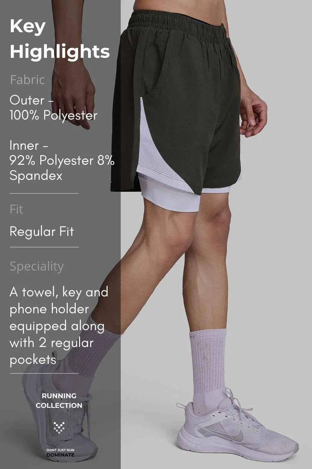 Olive green 2-in-1 mesh shorts by Fuaark Nz, featuring a comfortable athletic design with breathable fabric.