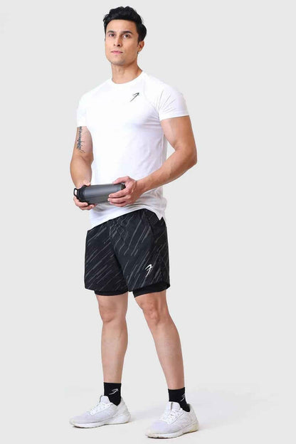 Black 2 in 1 printed compression shorts by Fuaark Nz, featuring a comfortable, stretchy design for active wear.