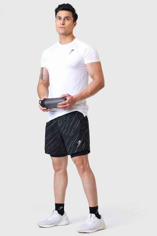 Black 2 in 1 printed compression shorts by Fuaark Nz, featuring a comfortable, stretchy design for active wear.