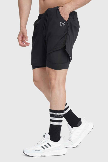 Black Fuaark NZ 2-in-1 mesh shorts with built-in support liner, designed for breathability and quick-dry performance.