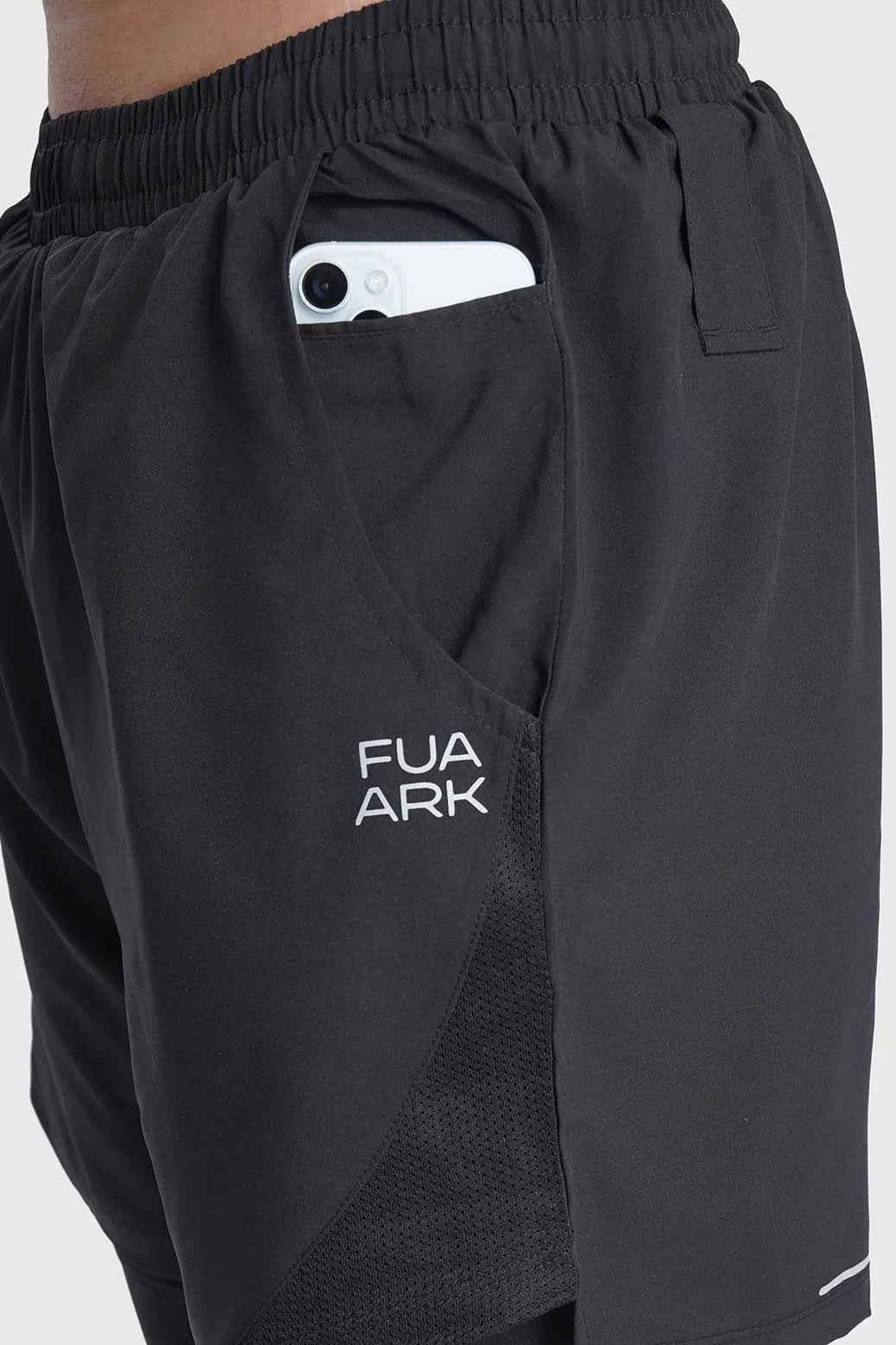 Black Fuaark Nz 2-in-1 mesh shorts with built-in support liner, featuring breathable and quick-dry performance for active wear.