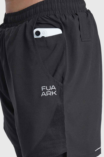Black Fuaark Nz 2-in-1 mesh shorts with built-in support liner, featuring breathable and quick-dry performance for active wear.