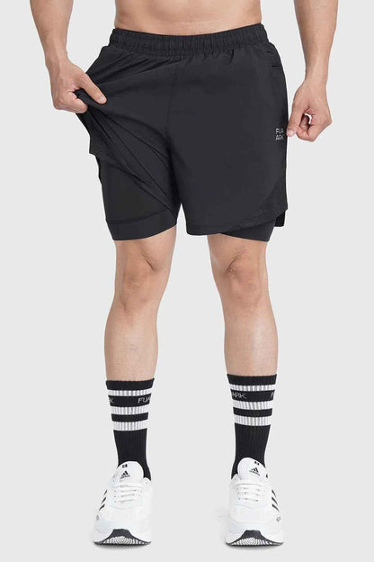 Black 2-in-1 mesh shorts with built-in support liner from Fuaark NZ, featuring breathable, quick-dry performance for active wear.