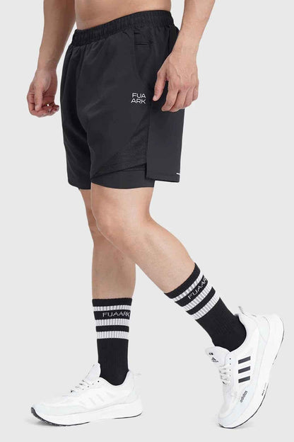 Black Fuaark Nz 2-in-1 mesh shorts with built-in support liner, breathable and quick-dry for active performance.