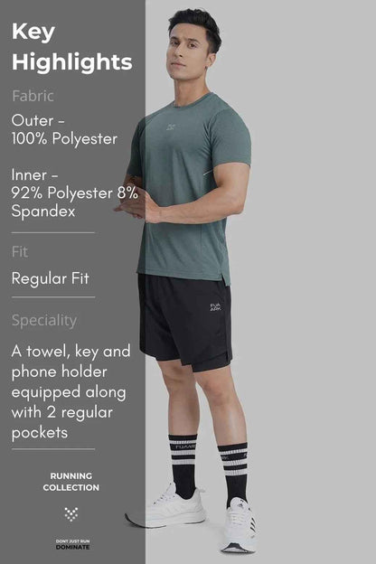 Black Fuaark Nz 2-in-1 mesh shorts with built-in support liner, breathable and quick-dry for active performance.