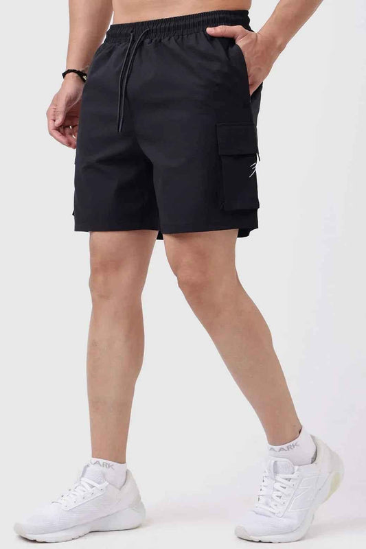Black Delta Cargo Shorts by Fuaark Nz, featuring multiple pockets and a casual fit, designed for comfort and practicality.