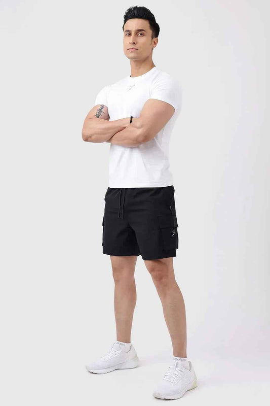 Black Delta Cargo Shorts by Fuaark Nz, casual men's shorts with multiple cargo pockets and comfortable fit.