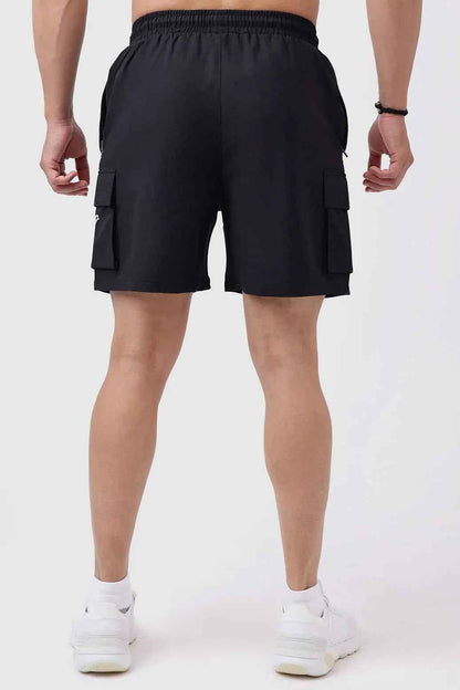 Black Delta Cargo Shorts by Fuaark NZ, featuring multiple pockets and a relaxed fit, designed for casual wear.