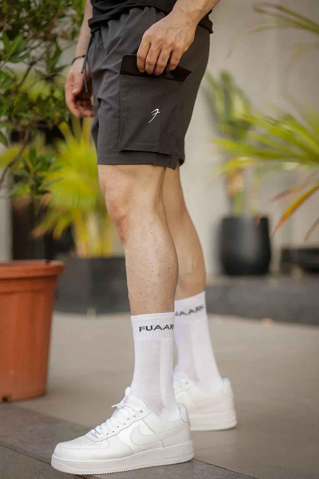 Fuaark NZ Delta Cargo Shorts in grey, casual men's shorts with multiple pockets, made for comfort and style.