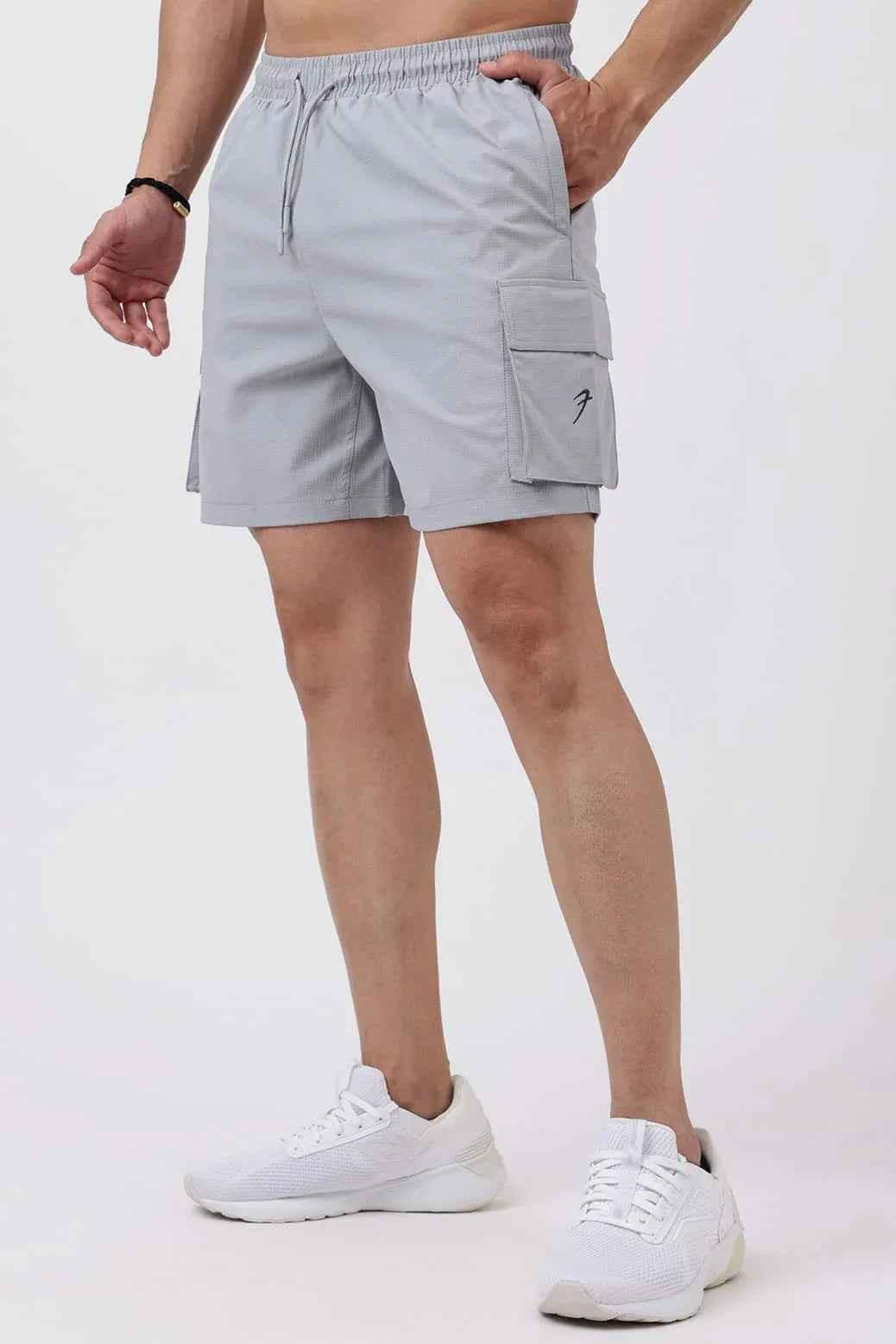 Light grey Delta Cargo Shorts by Fuaark Nz, showcasing comfortable fit and multiple cargo pockets for casual wear.