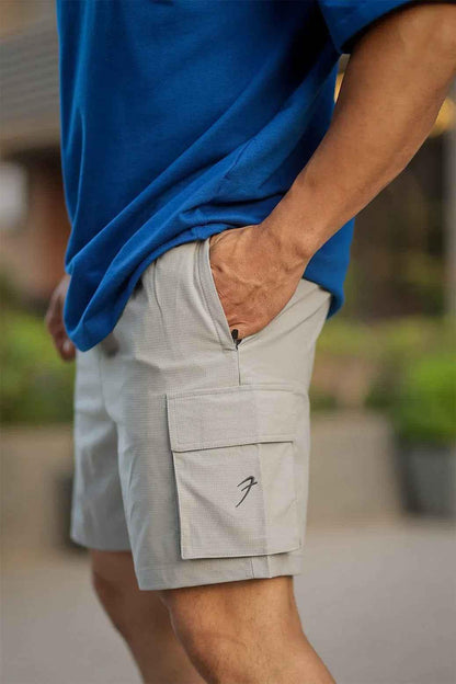 Fuaark Nz Delta Cargo Shorts in light grey, casual men's shorts with multiple pockets and relaxed fit.